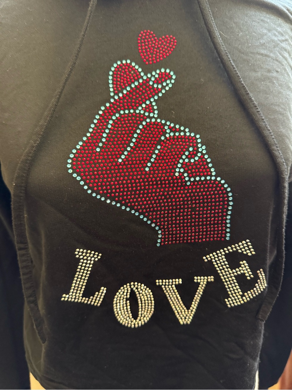 Rhinestone 'Love' Hand Heart Hoodie - Black with Red & Aqua Accent